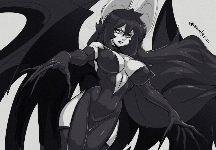 1girls armwear artist_signature bat_ears bat_girl bat_wings big_breasts black_armwear black_dress black_hair dress eva_(sem-l-grim) female female_only long_fingernails long_hair looking_at_viewer monochrome narrowed_eyes nipple_bulge sem-l-grim sharp_fingernails simple_background solo vampire very_high_resolution white_body white_eyes wide_hips wings