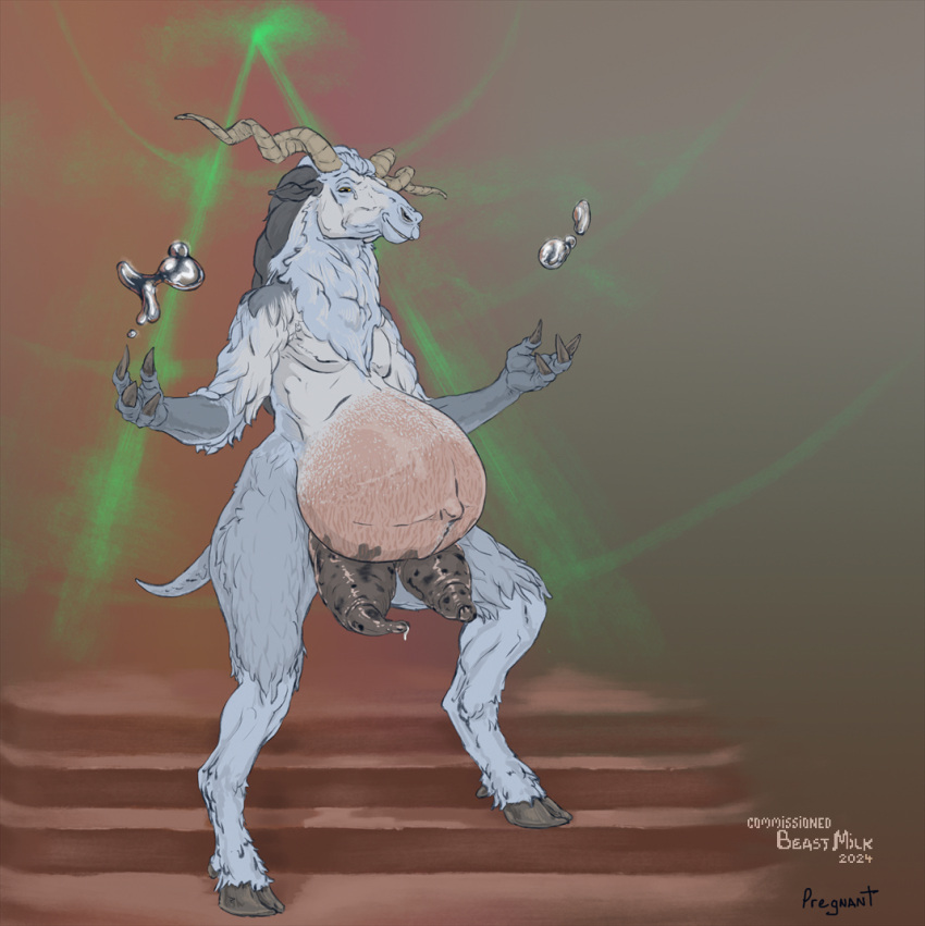 anthro beastmilk bovid caprine crotchboob female flat_chested furry goat hooves horn mammal nude painted_background pregnant tail udders