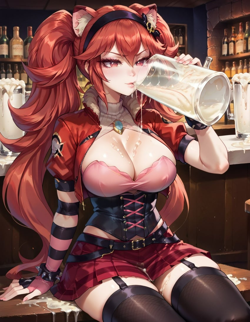 2d ai_generated animal_ears bar bar_counter blush boots bukkake chronoforge close-up color corset cum cum_chugging cum_in_breasts cum_in_clothes cum_in_container cum_in_mouth cup_of_cum drinking drinking_cum fishnet_thighhighs glass_container glass_of_cum gloves hairband holding_cup large_breasts long_hair lunaria_ayaren red_eyes red_hair sitting sitting_on_chair swallowing swallowing_cum virtual_youtuber vtuber