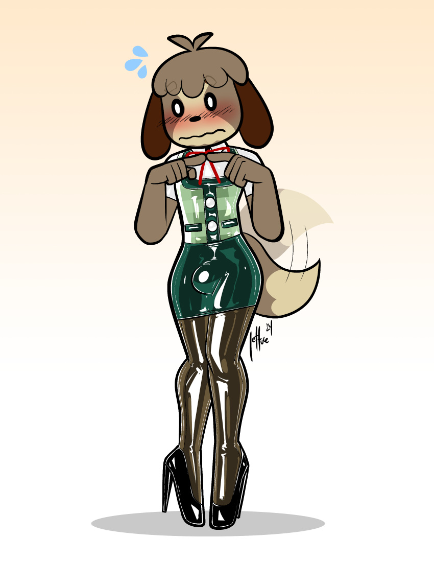 2024 absurd_res animal_crossing anthro black_clothing black_footwear black_high_heels black_latex blush bodily_fluids bottomwear brown_body brown_fur brown_hair bulge canid canine canis clothed clothed_anthro clothed_male clothing crossdressing digby_(animal_crossing) domestic_dog flying_sweatdrops footwear fur glistening glistening_clothing glistening_latex green_bottomwear green_clothing green_latex green_skirt hair hi_res high_heels latex latex_clothing latex_leggings latex_legwear latex_topwear leggings legwear lettuce_(artist) male mammal nintendo shih_tzu simple_background skirt solo sweat sweatdrop tail tail_motion tailwag topwear toy_dog