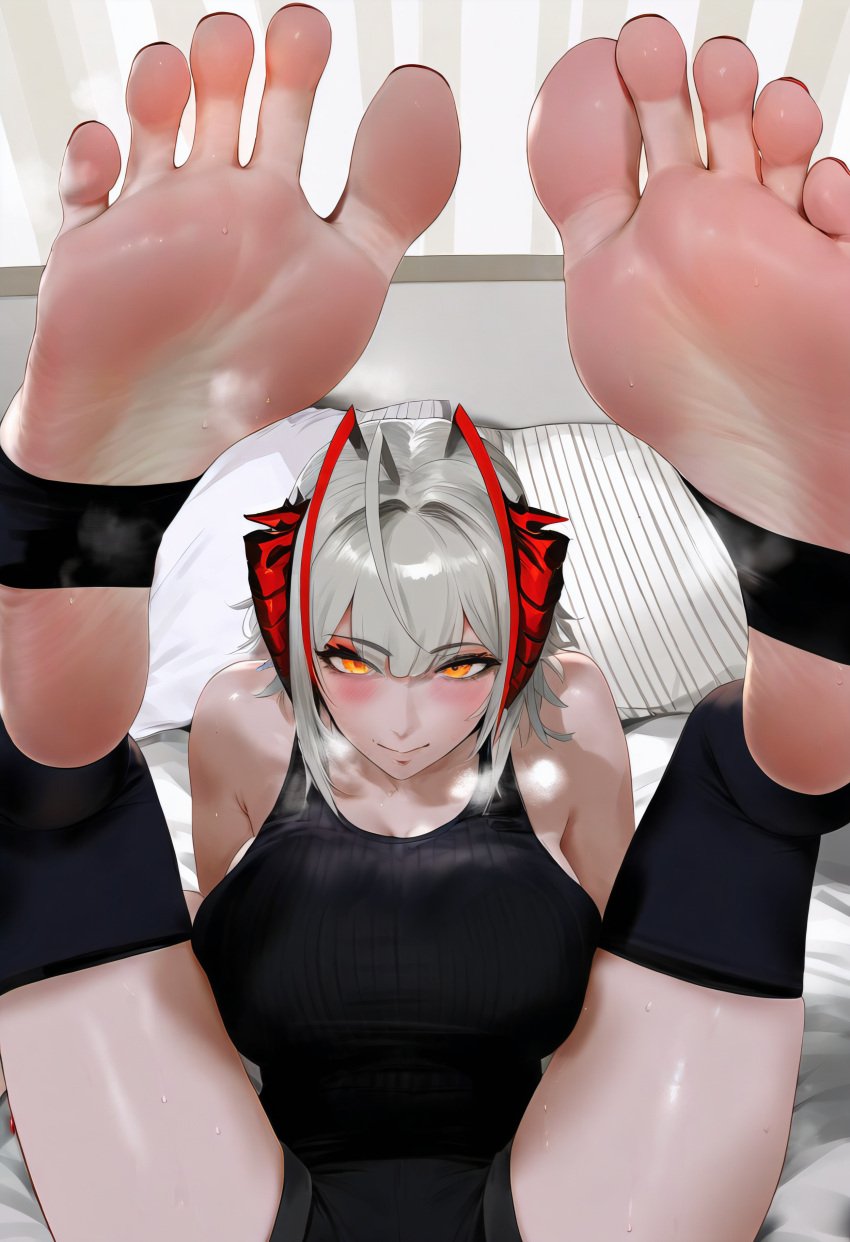 1girls ai_generated arknights big_breasts feet feet_up foot_fetish foot_focus grey_hair horn looking_at_viewer orange_eyes presenting soles stirrup_legwear sweat sweatdrop sweating tagme tagme_(artist) thighs toes w_(arknights)