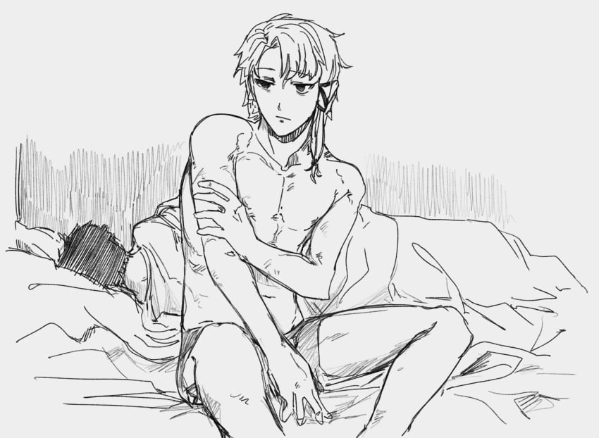 2boys bed bed_sheet chihiro_rokuhira hakuri_sazanami implied_after_sex kagurabachi katsutentacle male_only sketch sleeping softcore yaoi