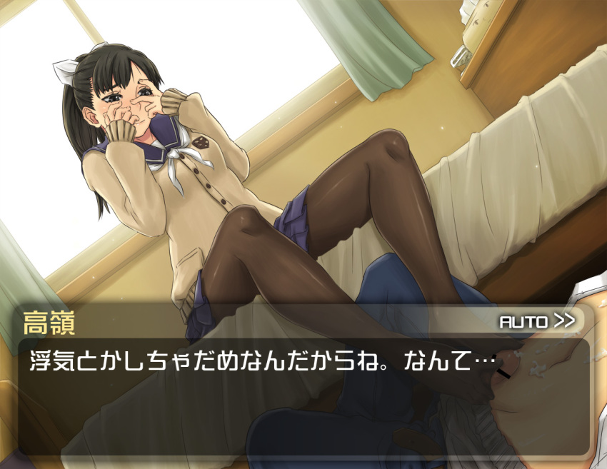 bed black_hair bow cardigan covering covering_face cum curtains dutch_angle ejaculation feet female femdom footjob hairbow human i_am_homeko love_plus male pantyhose penis pleated_skirt ponytail school_uniform serafuku sitting skirt straight takane_manaka text text_box tied_hair tissue translated translation_request window