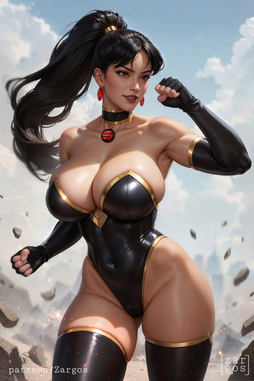 ai_generated ass_visible_through_thighs big_breasts black_eyes black_hair breasts cameltoe choker cleavage crime_syndicate dark_skin dc dc_comics jewelry justice_league:_crisis_on_two_earths stable_diffusion superwoman superwoman_(mary_batson) thick_thighs zargos