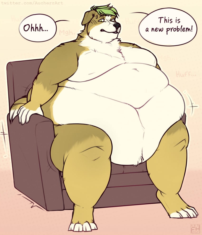 2023 absurd_res anthro aucherr belly big_belly brown_body brown_fur canid canine canis chair dialogue domestic_dog floppy_ears fur furniture green_eyes green_hair hair hi_res holding_chair huge_belly huge_moobs male mammal moobs morbidly_obese morbidly_obese_male neck_tuft obese obese_male on_chair overweight overweight_male short_hair simple_background sitting sitting_on_chair solo tail tan_body tan_fur tuft white_body white_fur