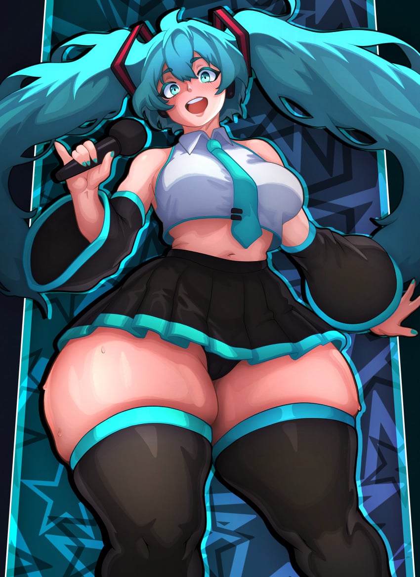 1girls 2d acraeaaconite bare_shoulders belly belly_button big_breasts blue_eyes blue_hair blue_nail_polish blue_nails blush bottom_heavy breasts clothed clothed_female crop_top cyan_eyes cyan_hair cyan_nail_polish cyan_nails detached_sleeves female happy hatsune_miku hips hips_wider_than_shoulders holding_microphone holding_object long_hair looking_at_viewer looking_happy microphone midriff nail_polish necktie open_mouth panties pinky_out skirt slave_handles solo source standing sweat sweaty_thighs thick_thighs thighhighs thighs thin_waist tie twintails visible_underwear vocaloid wide_hips