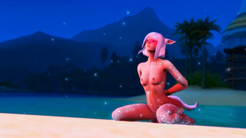 3d beach blush blushing_female brown_body brown_skin cat_ears cat_tail catgirl female final_fantasy final_fantasy_xiv final_fantasy_xiv:_endwalker glowing glowing_body glowing_tattoo hands_behind_back looking_up miqo'te original_character purple_eyes shy shy_expression sitting sitting_down sitting_on_floor small_breasts solo solo_female tan-skinned_female tan_body tan_skin tanline tanned thighs warrior_of_light_(ff14)