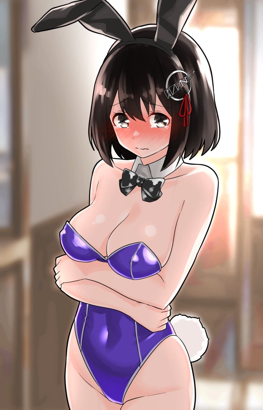 1girls absurd_res absurdres arms_under_breasts bare_arms bare_chest bare_hands bare_hips bare_legs bare_shoulders bare_skin bare_thighs belly belly_button big_breasts black_bowtie black_bunny_ears black_hair black_hair_female blue_bunnysuit blurred_background blurry_background blush blush_lines blushing blushing_at_viewer blushing_female bowtie breasts brown_eyes brown_eyes_female bunny_ears bunny_tail bunnygirl bunnygirl_outfit cleavage cleft_of_venus collar collarbone crying dot_nose elbows embarrassed embarrassed_female female female_focus female_only fingers fully_clothed furaggu_(frag_0416) groin haguro_(kantai_collection) hair_ornament hair_ornaments hair_ribbon half_naked high_resolution highres kantai_collection legs light-skinned_female light_skin looking_at_viewer medium_breasts medium_hair navel pussy red_hair_ribbon red_ribbon revealing_clothes ribbon shiny_clothes short_hair shoulders skimpy_clothes slender_body slender_waist slim_girl slim_waist solo standing tears thick_thighs thighs thin_waist tight_clothing upper_body v-line white_collar