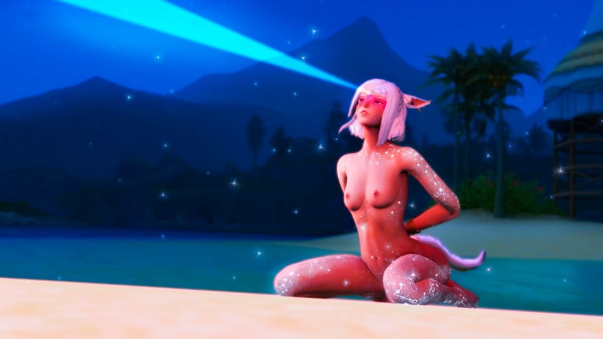 3_eyes 3d beach blush blushing_female brown_body brown_skin cat_ears cat_tail catgirl endwalker female final_fantasy final_fantasy_xiv final_fantasy_xiv:_endwalker glowing glowing_body glowing_eyes glowing_tattoo hands_behind_back laser looking_up magic miqo'te multi_eye original_character purple_eyes shy shy_expression sitting sitting_down sitting_on_floor small_breasts solo solo_female tan-skinned_female tan_body tan_skin tanline tanned thighs warrior_of_light_(ff14)