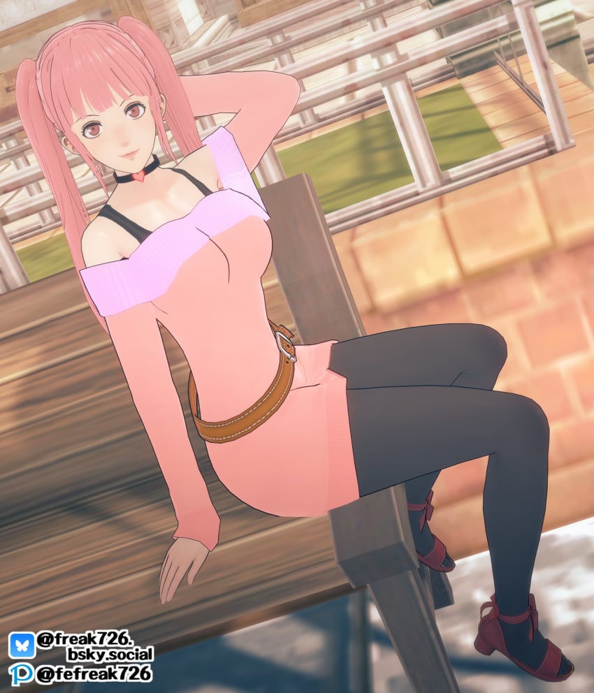 1girls 3d alternate_costume arm_behind_head arm_support armpits bangs bare_shoulders belt bench breasts choker dress fefreak726 female female_only fire_emblem fire_emblem:_three_houses high_heels hilda_valentine_goneril long_hair long_sleeves looking_at_viewer medium_breasts nintendo not_porn outdoors pantyhose pink_eyes pink_hair pose public safe safe_for_work sfw shoulders sitting smile solo tank_top twintails