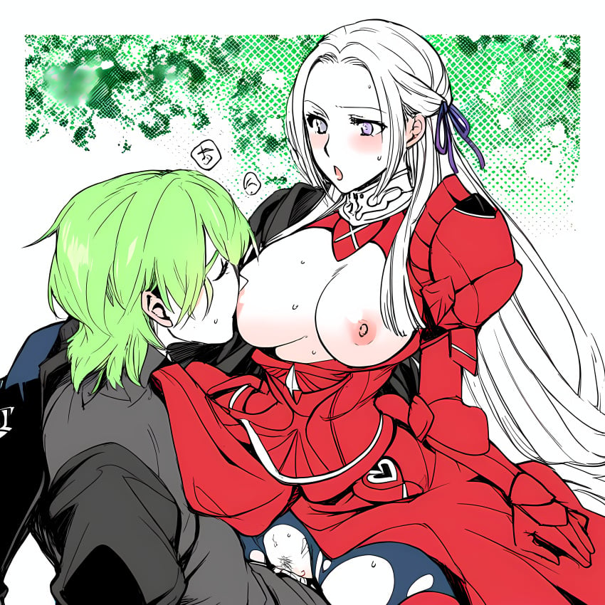 1boy 1girls ai_generated blush breast_sucking breasts_out byleth_(fire_emblem) byleth_(fire_emblem)_(male) clothed_female clothed_male cowgirl_position dress_pull edelgard_von_hresvelg female fire_emblem fire_emblem:_three_houses girl_on_top green_hair human_only love male male/female mouth_on_breast mouth_on_chest mouth_open passionate passionate_sex penis_in_pussy purple_eyes pussy sex shirt_pull sitting_on_lap sitting_on_penis straddling straight_sex sweating tits_out torn_clothing torn_pantyhose vaginal_penetration vaginal_sex white_hair