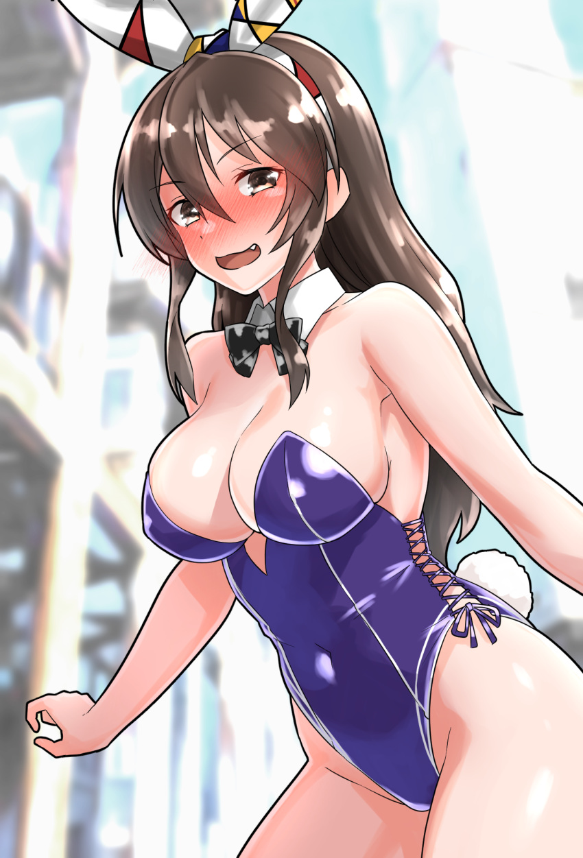 1girls absurd_res absurdres ashigara_(kantai_collection) bare_armpits bare_arms bare_chest bare_hands bare_hips bare_legs bare_shoulders bare_skin bare_thighs belly belly_button black_bowtie blue_bunnysuit blush blush_lines blushing blushing_at_viewer blushing_female bowtie breasts brown_eyes brown_eyes_female brown_hair brown_hair_female bunny_ears bunny_tail bunnygirl bunnygirl_outfit cleavage collar collarbone dot_nose elbows embarrassed embarrassed_female eyebrows_visible_through_hair female female_focus female_only fingers fully_clothed furaggu_(frag_0416) groin hair_between_eyes half_naked high_resolution highres hourglass_figure kantai_collection large_breasts legs light-skinned_female light_skin long_hair looking_at_viewer navel open_mouth open_mouth_smile parted_lips pussy revealing_clothes shiny_clothes shoulders sideboob simple_background slender_body slender_waist slim_girl slim_waist smile smiling smiling_at_viewer solo standing thick_thighs thighs thin_waist tight_clothing tongue underboob upper_body upper_teeth v-line white_background white_bunny_ears white_collar wide_hips