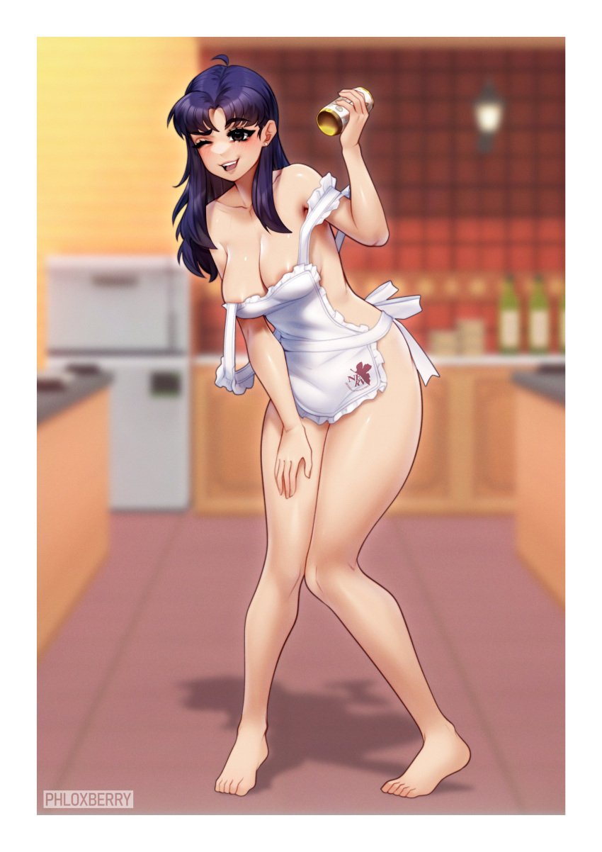 1girls alternate_version_available apron apron_only areola_slip areolae background beer_can big_breasts blush breasts brown_eyes cleavage ear_piercing earrings feet female female_only full_body hair hips holding_drink holding_object kitchen legs long_hair mature mature_female mature_woman milf misato_katsuragi naked_apron neon_genesis_evangelion one_eye_closed phloxberry purple_hair smile solo solo_female thighs white_apron wink winking