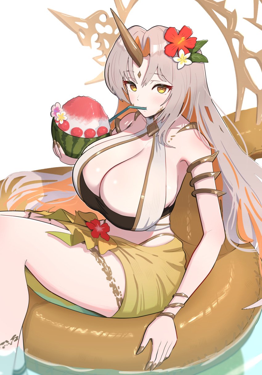 1girls absurdres alternate_costume bikini black_bikini black_swimsuit breasts cleavage drinking_straw drinking_straw_in_mouth female female female_only fire_emblem fire_emblem_heroes flower food golden_eyes gonzarez gullveig_(fire_emblem) gullveig_(summer)_(fire_emblem) hair_flower hair_ornament highres huge_breasts innertube long_hair looking_at_viewer multicolored_hair nintendo official_alternate_costume pale_skin sarong shaved_ice swim_ring swimsuit two-tone_hair very_long_hair white_bikini white_hair white_swimsuit yellow_innertube yellow_sarong