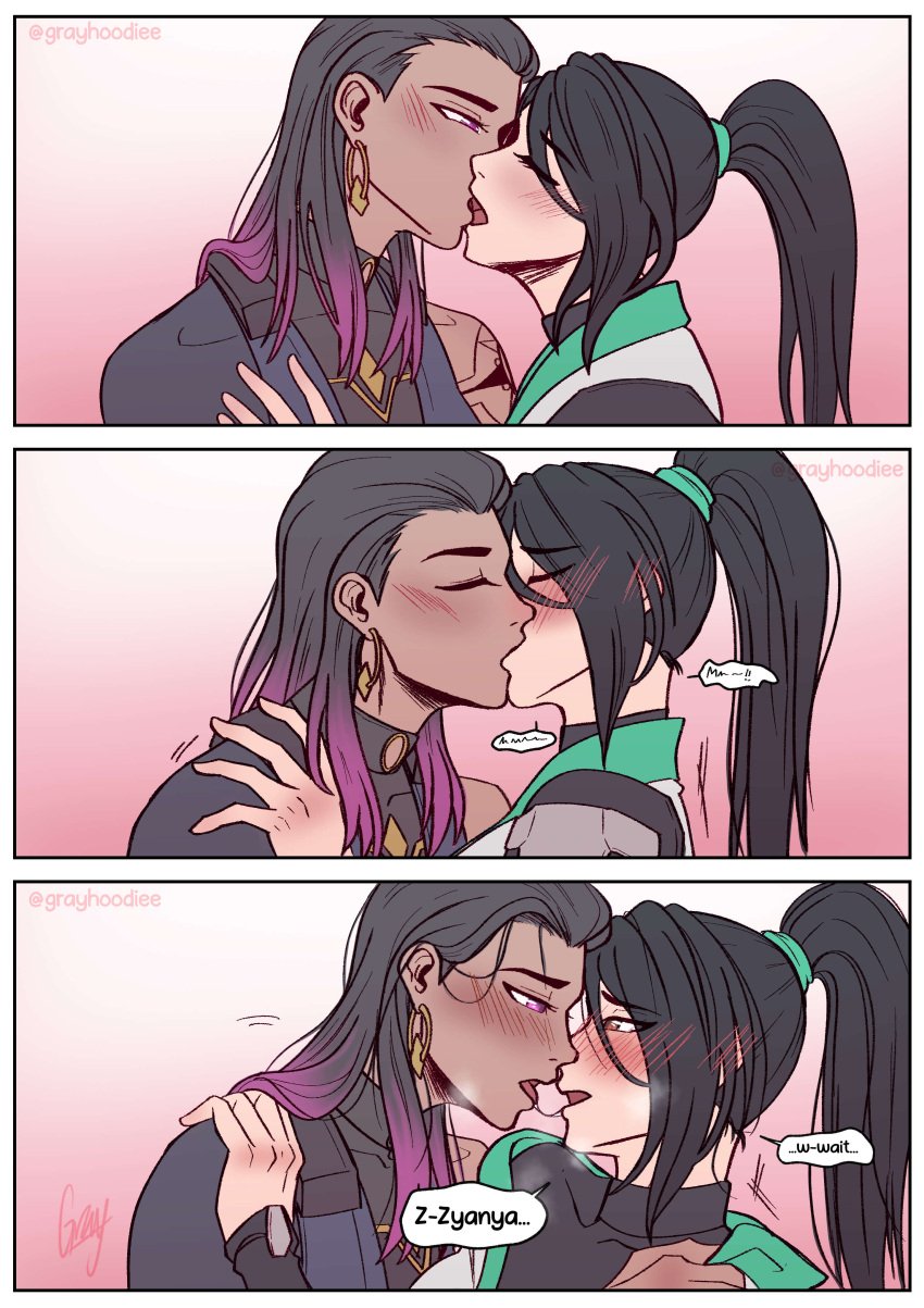 /// 2girls 3koma black_hair blush brown_eyes closed_eyes comic dark-skinned_female dark_skin deep_kissing duo earrings embarrassed embrace english english_text eyebrows_visible_through_hair eyelashes_visible_through_hair female female_focus female_only gradient_hair grayhoodiee hair_strand highres kissing light-skinned_female light_skin ling_ying_wei long_hair ponytail purple_eyes purple_hair reyna_(valorant) riot_games romantic romantic_couple sage_(valorant) saliva saliva_string simple_background speech_bubble standing tagme valorant wanting_more yuri