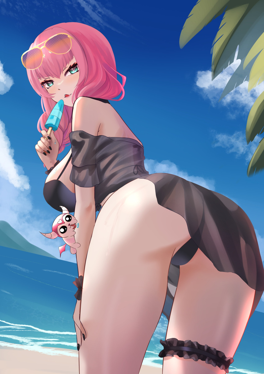 1girls 2d 2d_(artwork) alternate_costume alternate_hairstyle ass back back_view beach big_breasts bikini black_bikini black_bikini_bottom black_bikini_top black_nails black_swimsuit braided_hair clouds condesavr day estebaneishon1 female female_focus female_only high_resolution highres holding_object holding_popsicle hourglass_figure latam_virtual_youtuber light-skinned_female light_skin long_hair looking_at_viewer looking_back ocean official_alternate_costume outdoors palm_tree pink_hair popsicle sky slim_girl solo solo_female solo_focus standing summer sunglasses sunglasses_on_head swimsuit virtual_youtuber vjin vtuber vtuberfanart water young younger_female