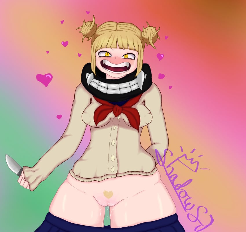 1girls areolae blonde_bangs blonde_hair blush boku_no_hero_academia exposed_pussy fangs heart himiko_toga knife my_hero_academia no_panties presenting_pussy pubic_hair school_uniform schoolgirl shadowdemonsj sharp_teeth skirt spread_legs thick_thighs toga_himiko wet wet_pussy yellow_eyes