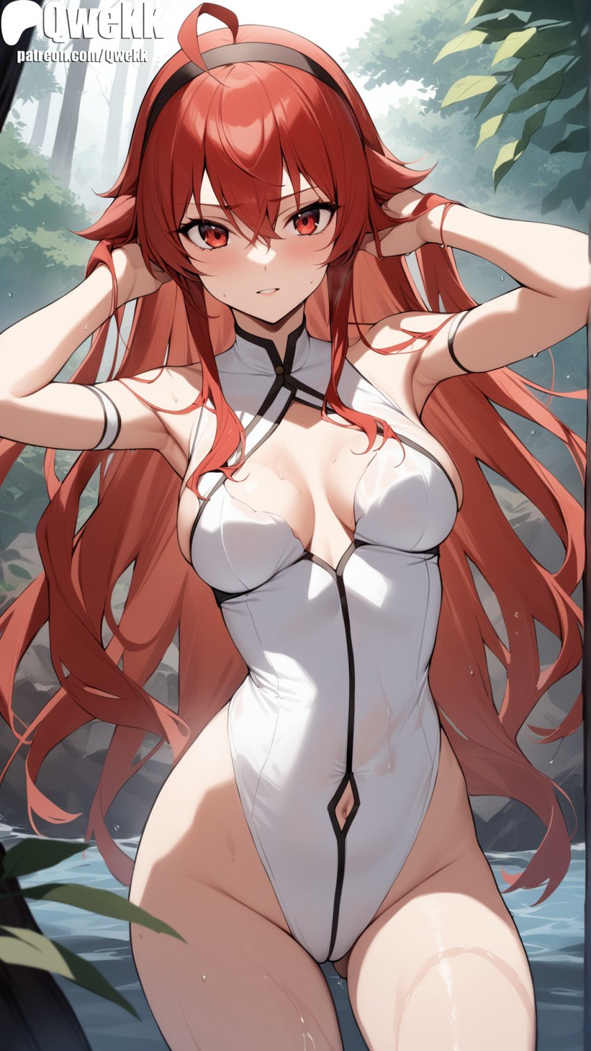 1girls ai_generated bangs blush breasts closed_mouth crossed_bangs eris_greyrat female female_focus female_only hair_between_eyes highres long_hair looking_at_viewer medium_breasts mushoku_tensei posing qwekk red_eyes red_hair solo standing swimsuit upper_body wet