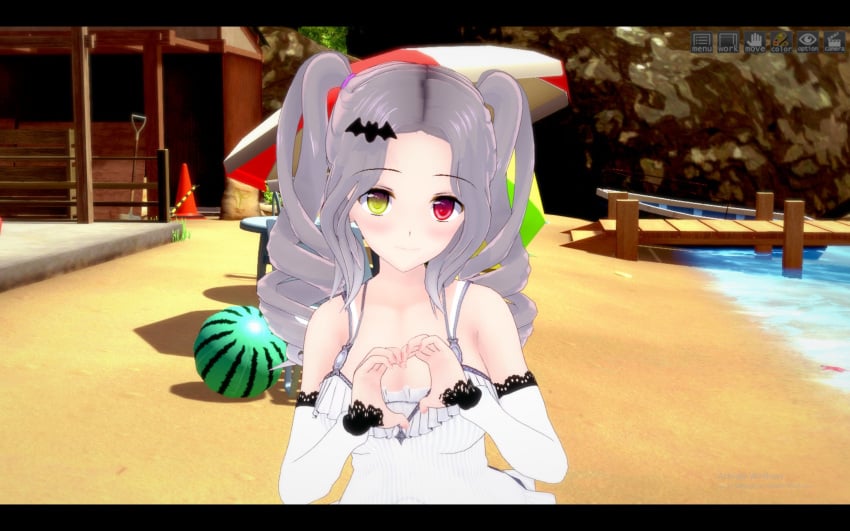 beach beach_ball breasts cone dock grey_hair hair_pin heart_hands heterochromia koikatsu liliana_vampaia looking_at_viewer myholotv red_eyes seaside sleeveless_dress twin_drills umbrella virtual_youtuber white_clothing yellow_eyes