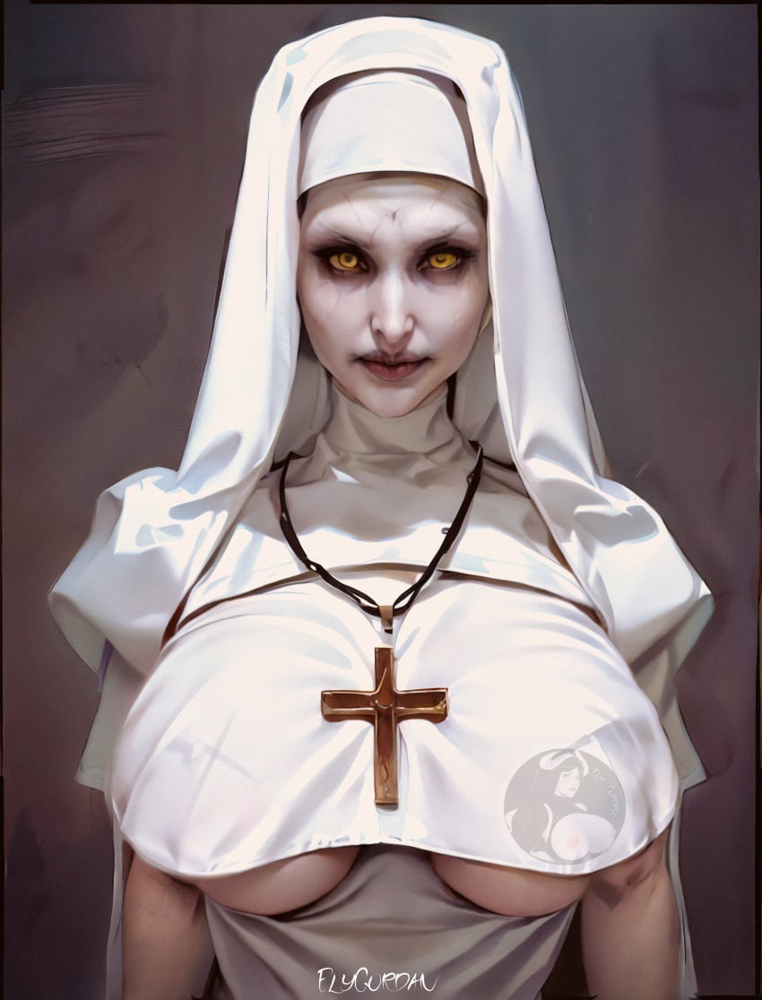 ai_generated elygordan elygordanart gigantic_breasts gigantic_butt horror horror_(theme) huge_ass huge_breasts huge_butt huge_nipples looking_at_viewer nun nun's_habit nun_hat nun_outfit nun_position the_nun valak yellow_eyes