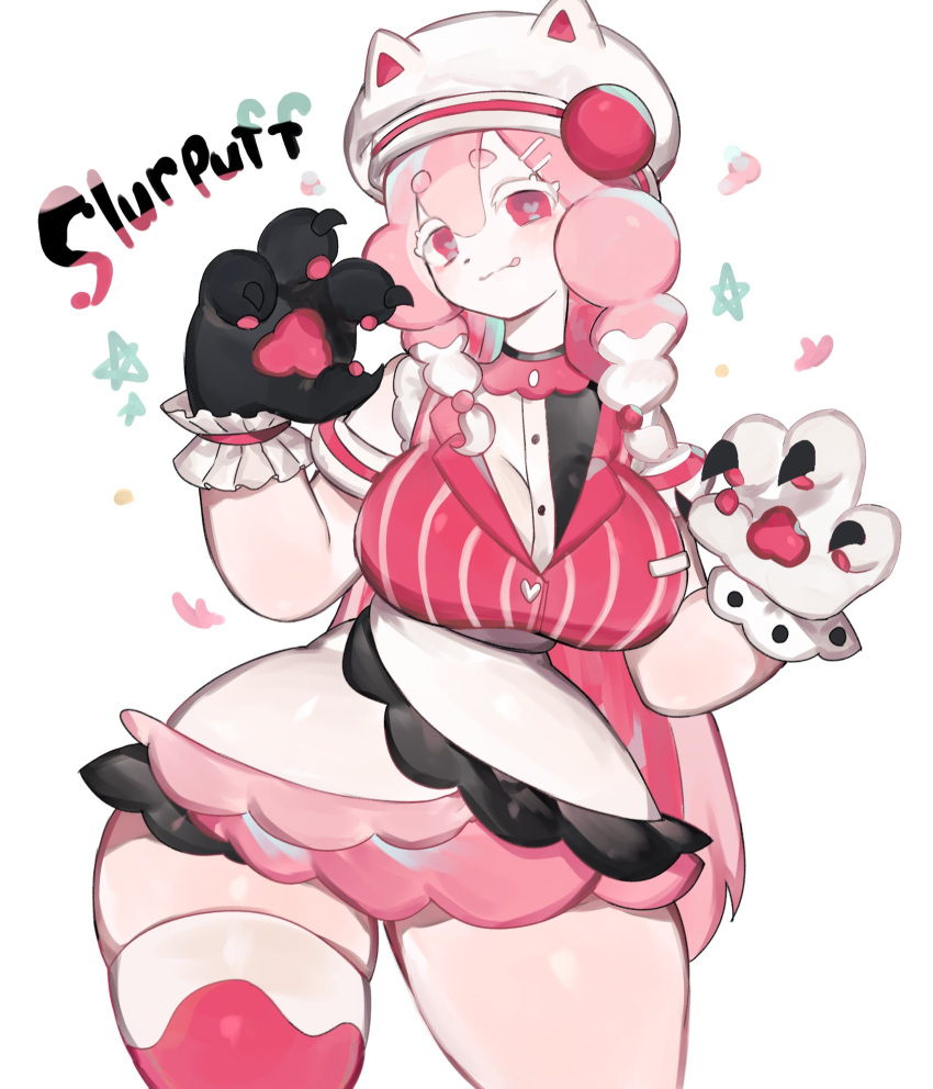 1girls :q anthro big_breasts cat_paws cat_pose clothing english_text female female_only generation_6_pokemon hat heart-shaped_pupils hi_res looking_at_viewer nintendo one_thighhigh paws pink_eyes pink_hair pok&eacute;mon_(species) pokemon pose slurpuff smiling smiling_at_viewer solo text thick_thighs thigh_squish toge77789 togetoge twintails white_background white_highlights wide_hips