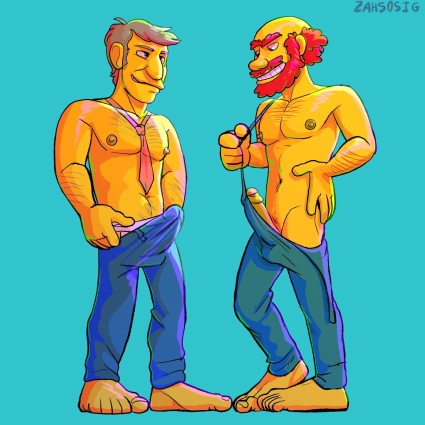 balding beard boner bulge erection grin groundskeeper_willie human male male/male male_only mature_male penis red_hair seymour_skinner the_simpsons topless unprofessional_behavior yellow_body zahsosig