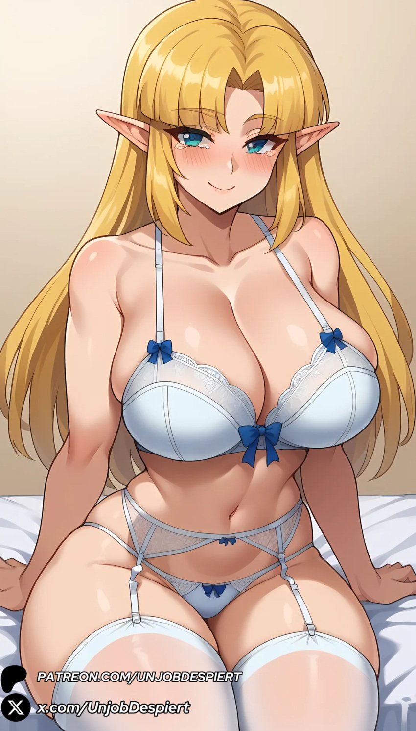 1girls ai_generated bangs bare_shoulders blonde_hair blue_eyes blush bow bow_panties bra breasts cleavage closed_mouth collarbone elf female garter_belt large_breasts long_hair looking_at_viewer navel nintendo panties parted_bangs pointy_ears princess_zelda sitting skindentation smile solo the_legend_of_zelda thick_thighs thighhighs thighs underwear underwear_only unjobdespiert white_bra white_panties white_thighhighs