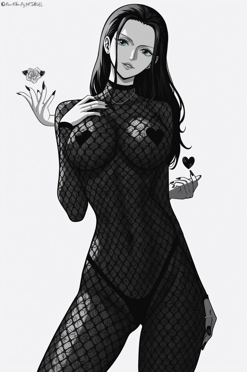 1girls big_breasts black_and_white black_hair blue_eyes clothed clothing color female female_focus female_only fishnet_armwear fishnet_legwear fishnets hi_res large_breasts light-skinned_female light_skin long_hair looking_at_viewer nico_robin one_piece post-timeskip prixmal shounen_jump solo solo_female tagme thick_thighs