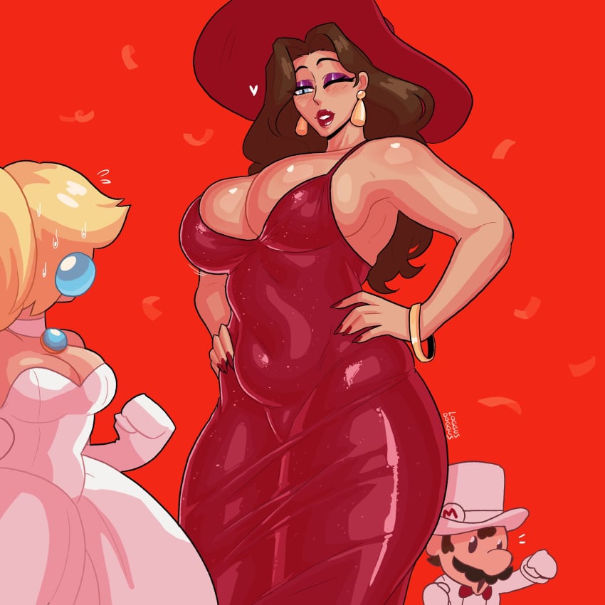 1boy 2girls big_breasts blonde_hair blush bracelet brown_hair dress earrings female hands_on_hips hat hi_res implied_yuri large_hat loggus_doggus long_hair makeup male mario mario_(series) narrowed_eyes nintendo pauline princess_peach purple_eyeshadow red_background red_dress red_lipstick red_nail_polish smiling super_mario_odyssey tall_female thick_thighs wedding_dress wink yuri