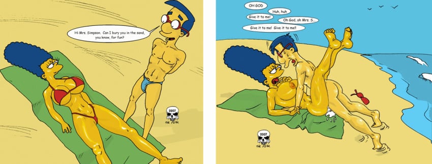 animated beach female human male marge_simpson milhouse_van_houten straight the_fear the_simpsons