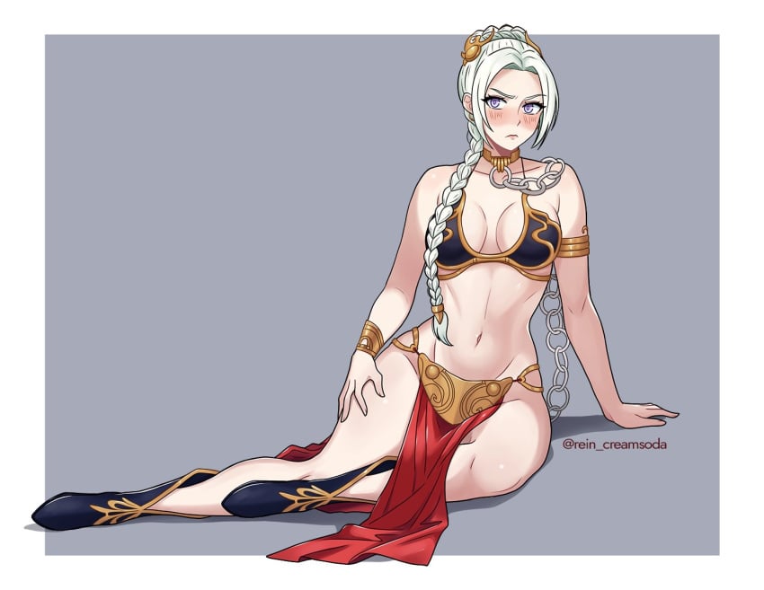 1girls alternate_costume alternate_hairstyle blush braid braided_ponytail chain chain_leash commission cosplay edelgard_von_hresvelg female female_only femsub fire_emblem fire_emblem:_three_houses leash metal_bikini metal_bra navel nintendo pelvic_curtain princess_leia_(cosplay) rein_creamsoda revealing_clothes slave slave_leia_(cosplay) solo star_wars white_hair