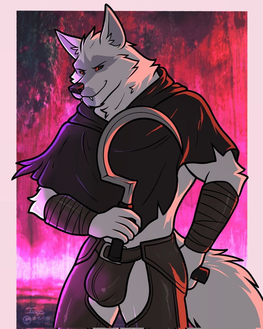 anthro arm_tuft arm_wrapping arm_wraps athletic belt belt_buckle bottomwear buckle bulge canid canine canis cheek_tuft cloak clothing colorful_background crotchless_bottomwear crotchless_clothing crotchless_pants death_(puss_in_boots) detailed_bulge dreamworks dual_wielding elbow_tuft facial_markings facial_tuft fangs fire fire_background fluffy fluffy_tail fur fuzzy grey_body grey_fur hand_behind_back head_markings hi_res holding_object holding_weapon legwear male mammal markings mask_(marking) midriff narrowed_eyes neck_tuft pants poncho puss_in_boots_(dreamworks) puss_in_boots_(film) puss_in_boots_the_last_wish red_eyes shrek_(series) sickle smile smirk solo standing tail teeth tokuya tuft weapon wolf wrapped_arms wraps