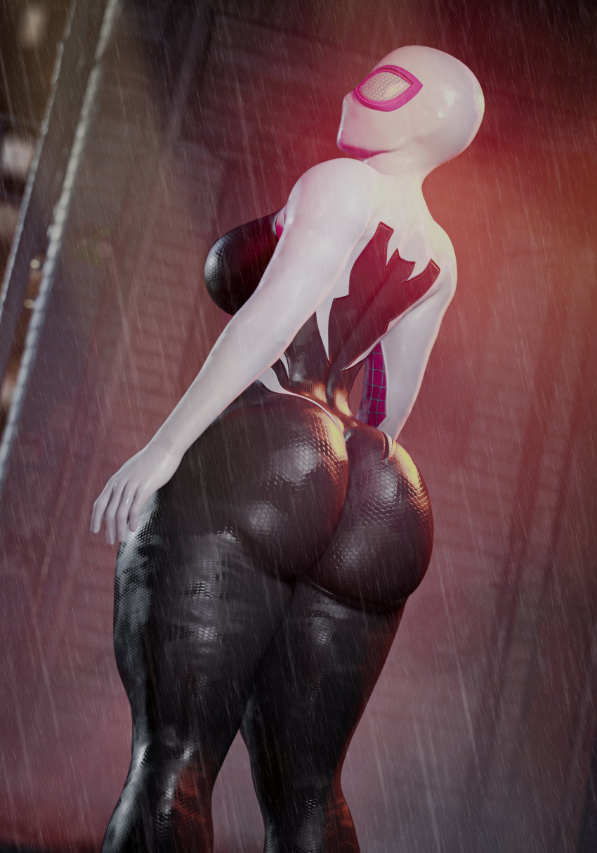 1girls 3d 3d_(artwork) ass audrix big_ass big_butt breasts clothed clothed_female costume fat_ass female female_only from_behind from_behind_position gwen_stacy heroine human human_only marvel pawg rain spider-gwen spider-man_(series) superhero superhero_costume superheroine thick_thighs thighs