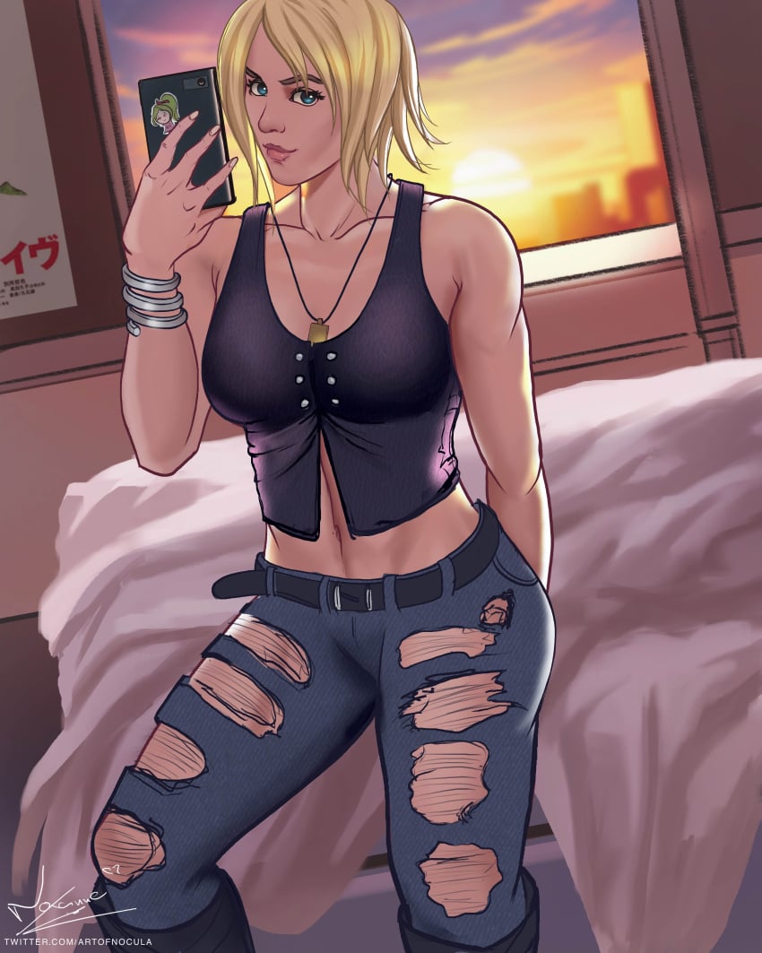 aya_brea bed blonde_hair blue_eyes bracelet jeans muscular_female necklace noxanne parasite_eve phone ripped_clothing selfie short_hair sticker sunset