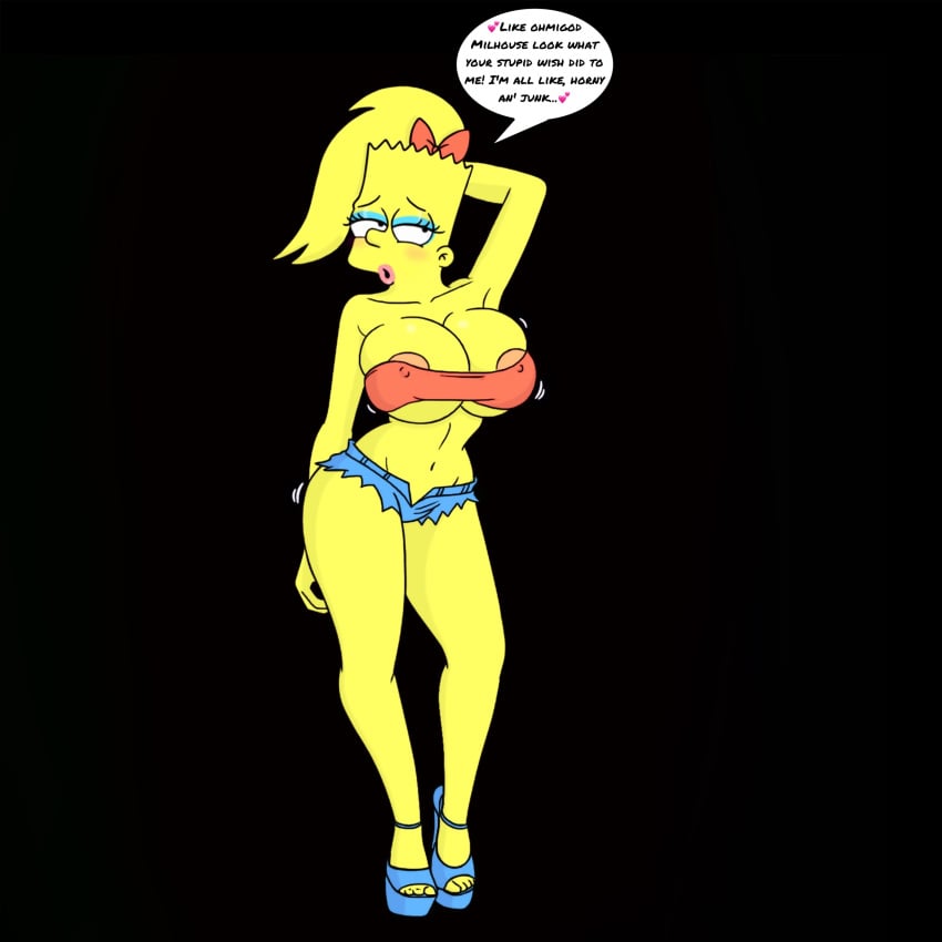 20th_century_studios accurate_art_style after_transformation bart_simpson bartina_simpson bedroom_eyes big_breasts bimbofication bimbofied daisy_dukes high_heels horny_female milhouse_van_houten mtf_transformation nipple_slip rule_63 the_simpsons thick_thighs yellow_body yellow_skin