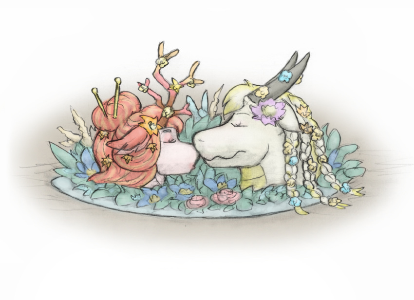anthro antlers blonde_hair brown_antlers cooking_with_furs death decapitation deer dragon duo eyebrows flower fur grey_eyebrows grey_horn hair horn male mammal meowmere mythological_creature mythological_scalie mythology plant plate red_hair scalie white_body white_fur