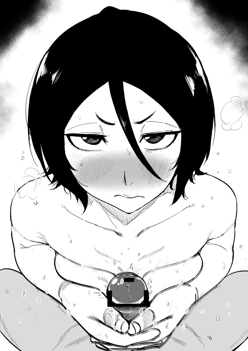 1boy 1boy1girl 1girls annoyed annoyed_expression black_and_white black_hair bleach bleach:_the_thousand-year_blood_war blush breasts breasts_out dripping_precum embarrassed embarrassed_female embarrassed_nude_female female female_focus fingers_interlocked greyscale handjob kaiman_garupan kuchiki_rukia looking_at_viewer monochrome naked paizuri paizuri_lead_by_female paizuri_on_lap paizuri_small_breasts panting pov pov_eye_contact precum sex short_hair small_breasts sweat sweating titjob