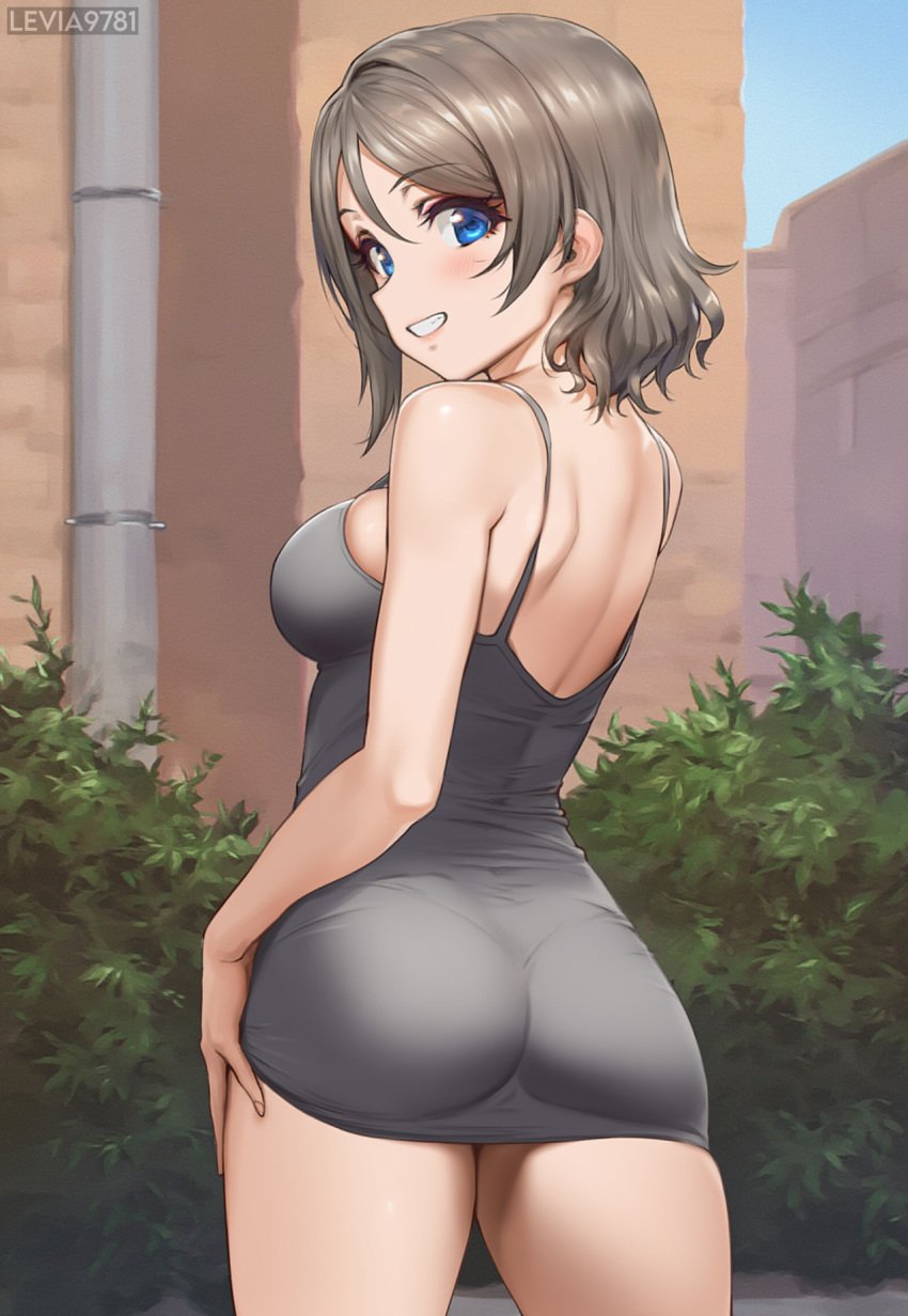 ai_generated ass blue_eyes brown_hair dress levia9781 love_live! love_live!_sunshine!! short_hair short_skirt tight_clothing watanabe_you