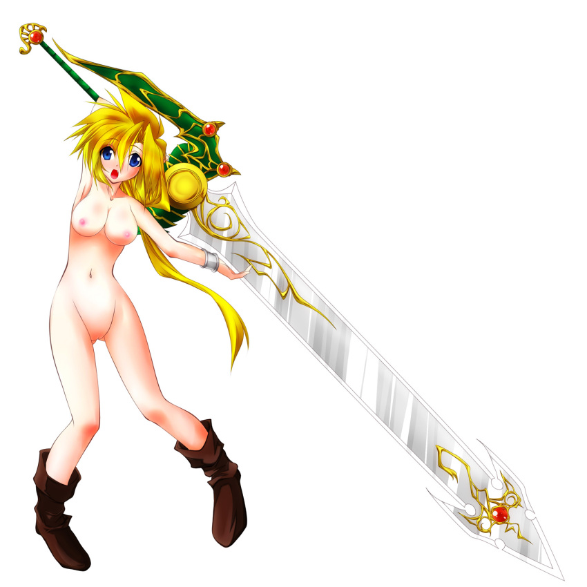 1:1 beige_skin bianca's_son blue_eyes blush boots bracelet breasts color dragon_quest dragon_quest_v female female_only footwear front_view hair highres huge_weapon human jewelry long_hair medium_breasts navel nipples nude open_eyes open_mouth oushi_(artist) pink_nipples pussy rule_63 solo sword vulva weapon white_background yellow_hair