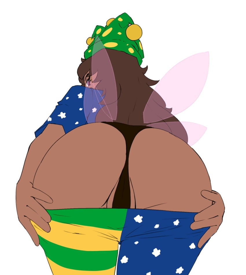 1girls 2022 alternate_costume ass brazilian brazilian_flag brown_hair clownpiece dark-skinned_female dark_skin ecchi fairy fairy_wings female flag_print hat jester_hat legwear long_hair looking_back pink_eyes pulling_down solo spookoarts striped_legwear tanned_skin touhou