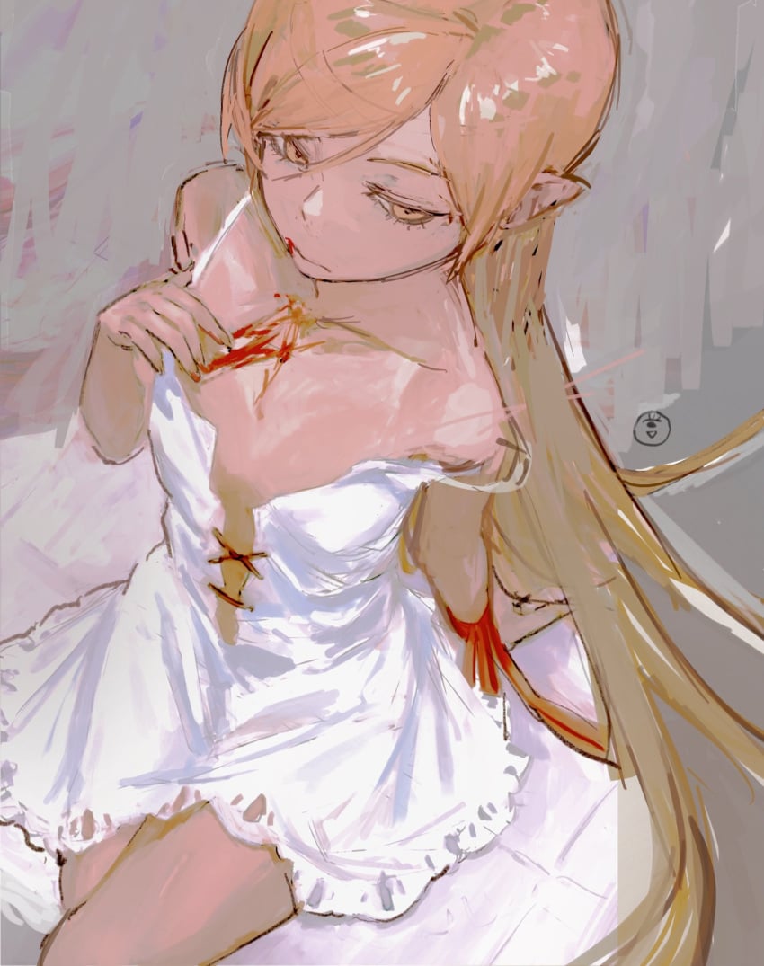 1girls bare_shoulders blonde_hair blood blood_from_mouth blood_on_body blood_on_face collarbone dress from_above highres kiss-shot_acerola-orion_heart-under-blade long_hair monogatari_(series) no_bra no_panties oshino_shinobu pointy_ears sitting sketch solo strap_slip taki_(a313131333) thighhighs vampire very_long_hair white_dress yellow_eyes