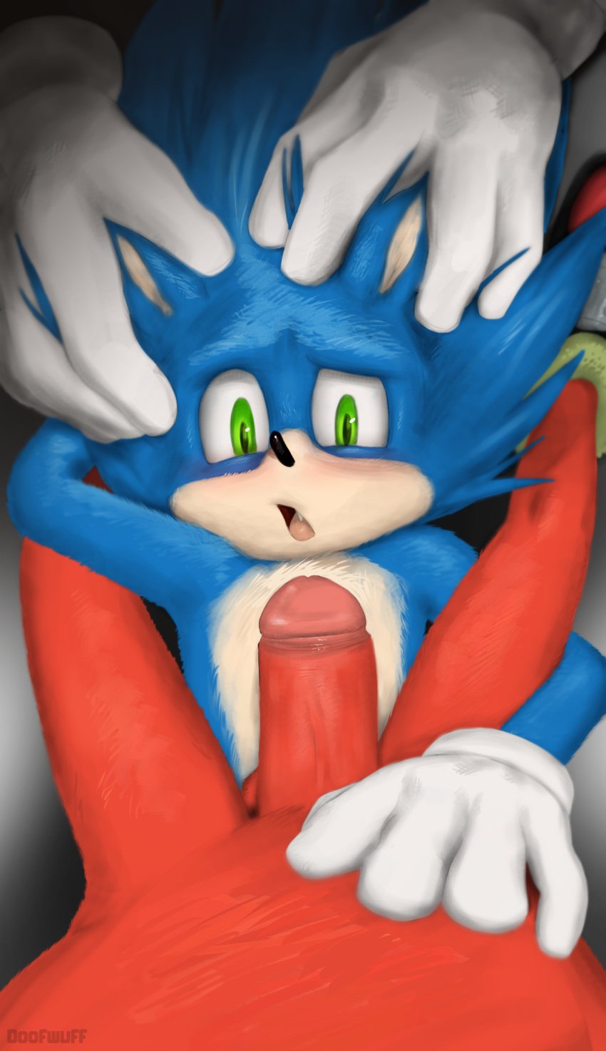 anthro blue_body blush clothing doofwuff erection genitals gloves green_eyes group hair hand_on_belly handwear hi_res imminent_sex knuckles_the_echidna male male/male open_mouth penis sega sitting_on_another sonic_(series) sonic_the_hedgehog sonic_the_hedgehog_(series) tongue tongue_out touching_hair trio