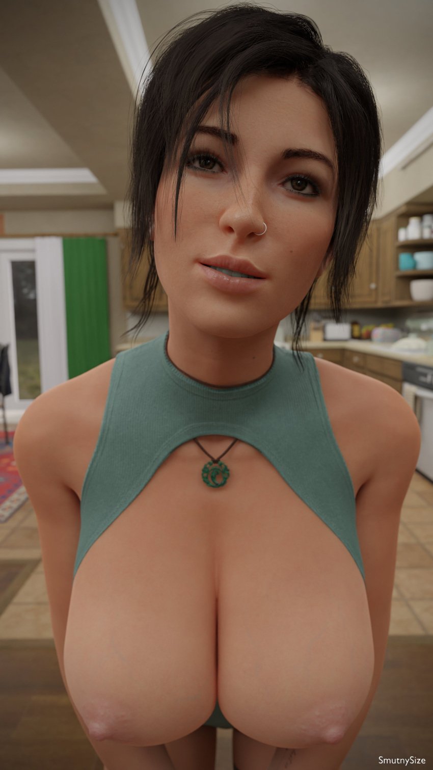 3d areolae athletic athletic_female big_breasts breasts breasts_out brown_eyes brown_hair busty cleavage cleavage_cutout female female_focus flashing flashing_breasts hanging_breasts hourglass_figure lara_croft lara_croft_(survivor) leotard long_hair male male_pov necklace nipples nose_piercing piercing ponytail pov smutnysize tagme thong_leotard tomb_raider tomb_raider_(survivor) wide_hips