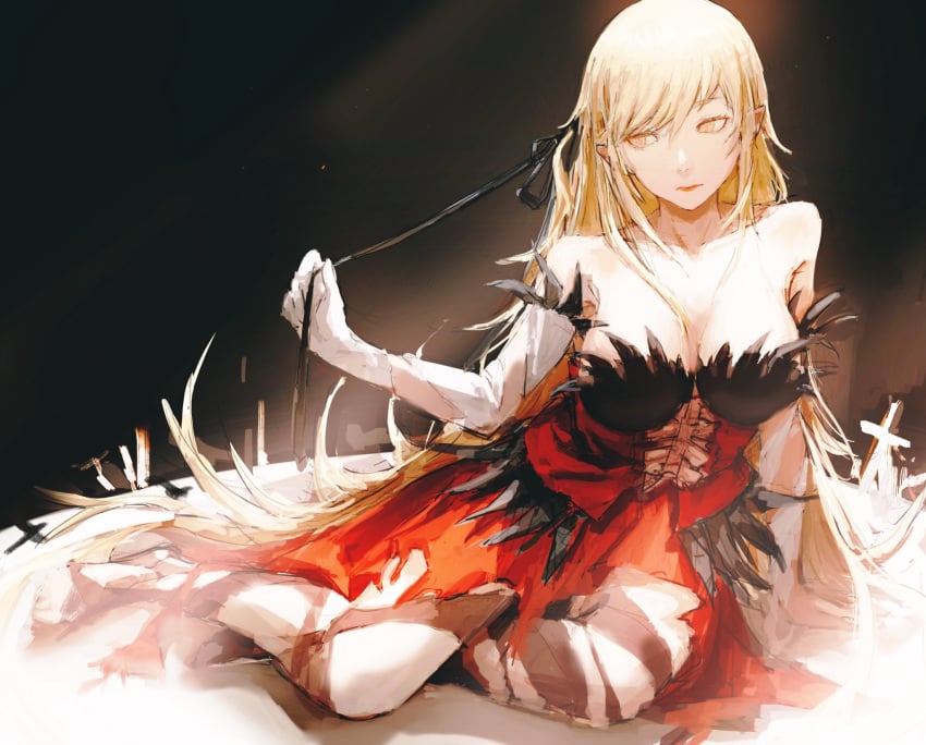 1girls bare_shoulders black_ribbon blonde_hair breasts cleavage closed_mouth collarbone dress elbow_gloves full_body gloves hair_ribbon highres kiss-shot_acerola-orion_heart-under-blade kizumonogatari large_breasts long_hair monogatari_(series) oshino_shinobu pointy_ears red_dress ribbon sitting solo strapless strapless_dress taki_(a313131333) very_long_hair white_gloves yellow_eyes