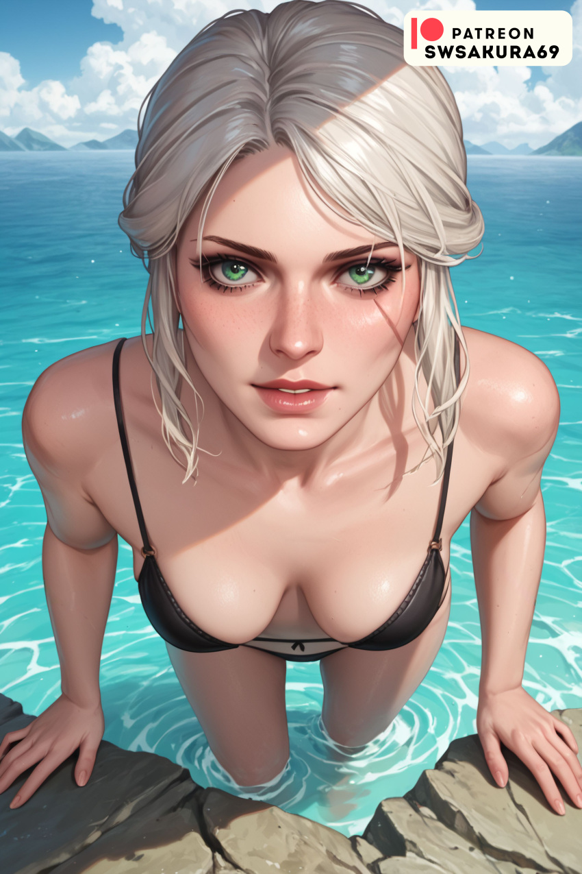 ai_generated bathing breasts ciri female green_eyes light-skinned_female looking_at_viewer mascara scar sea solo swimsuit swsakura69 the_witcher_(series) the_witcher_3:_wild_hunt white_hair