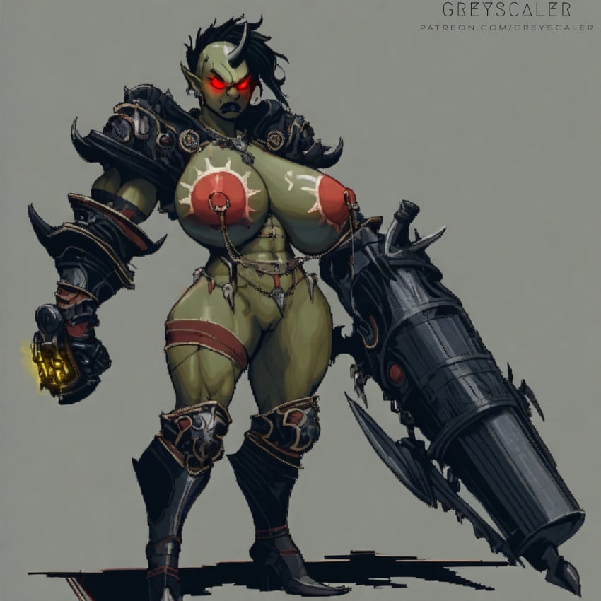 abs ai_assisted ai_generated angry areolae arm_cannon armor armored_boots athletic_female black_armor breasts breasts_out female female_only full_body gauntlets gold_trim greaves greyscaler heavy_armor heels high_heel_boots high_heels horn huge_breasts looking_at_viewer mohawk muscular muscular_female muscular_thighs navel nipples orc orc_female pixel_art power_armor pussy pussy_out skirt solo solo_female torn_clothes tribal tribal_markings tribal_tattoo vagina vagina_out wide_hips