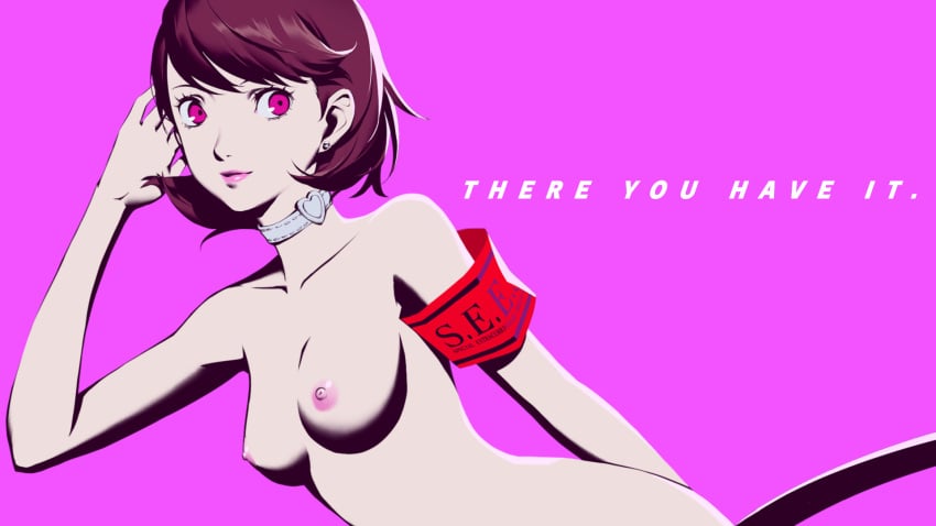 accurate_art_style armband atlus breasts brown_hair choker earrings edit edited english_text female medium_breasts nipples nude nude_filter persona persona_3 persona_3_reload pink_eyes ryusentzumi self_upload short_hair teenage_girl teenager text yukari_takeba