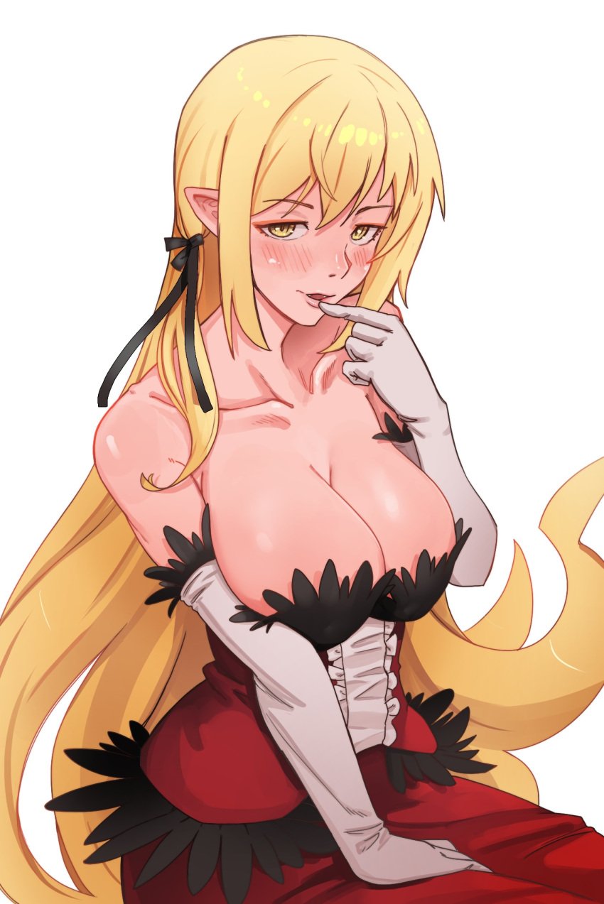 1girls bare_shoulders black_ribbon blonde_hair blush breasts cleavage collarbone commentary dress elbow_gloves gloves hair_ornament hair_ribbon hand_on_lap hand_to_own_mouth highres kiss-shot_acerola-orion_heart-under-blade large_breasts long_hair looking_at_viewer monogatari_(series) oshino_shinobu pointy_ears red_dress ribbon ricman_rt vampire very_long_hair white_gloves yellow_eyes