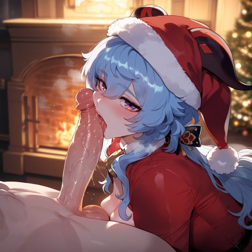 1boy 1girls ai_generated bangs bell blue_hair blush bow breasts christmas christmas_outfit christmas_tree cleavage clothed_female_nude_male clothing curvaceous curvaceous_female curvaceous_figure curvy curvy_figure erection fellatio female female_focus fireplace fur-trimmed_headwear fur_trim ganyu_(genshin_impact) genshin_impact goat_horns hair_between_eyes hat headwear horns indoors large_breasts large_penis licking long_hair long_sleeves looking_at_viewer low_ponytail male medium_breasts miyuai neck_bell nipples nude open_mouth oral penis penis_licking precum purple_eyes red_headwear saliva saliva_trail santa_costume santa_hat sidelocks solo_focus straight testicles thiccwithaq_(ai_style) tongue tongue_out veins veiny_penis voluptuous voluptuous_female