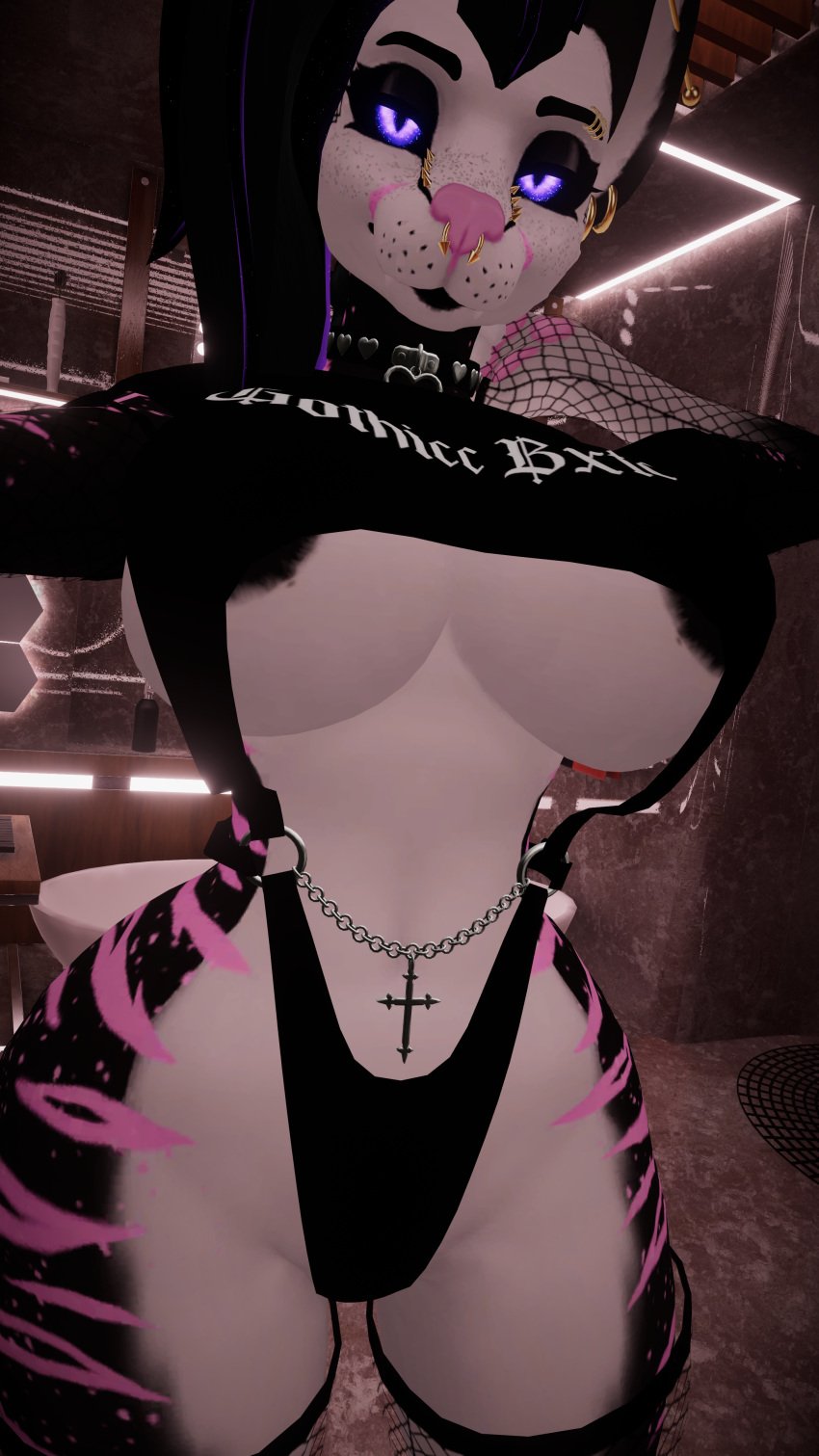 black_areola collar female fishnets furry goth jewelry looking_at_viewer piercing purple_eyes self_upload vrchat